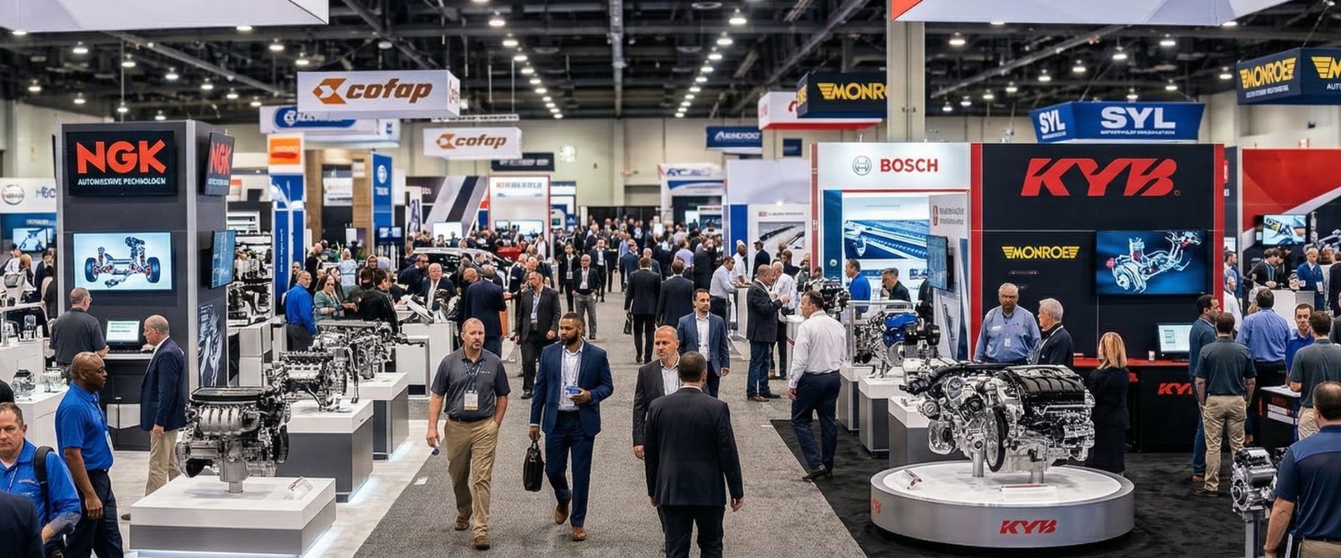 Visão panorâmica de profissionais de autopeças e mecânicos caminhando pela feira Autopar 2026