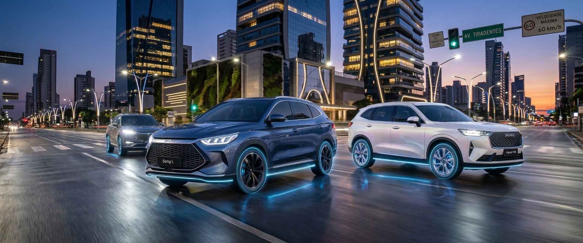 Frota de carros híbridos modernos rodando na cidade representando o novo mercado de autopeças de 2026