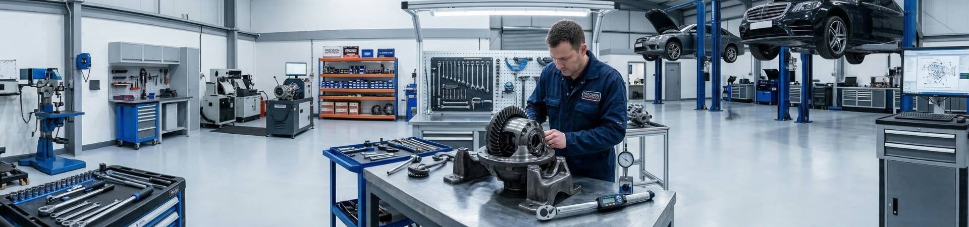 Mecânico especialista utilizando relógio comparador para medir a folga entre dentes da coroa e pinhão