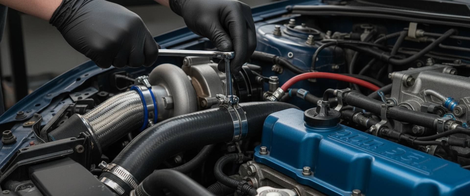Mecânico apertando abraçadeira de inox de alta performance em mangueira de radiador de carro turbo