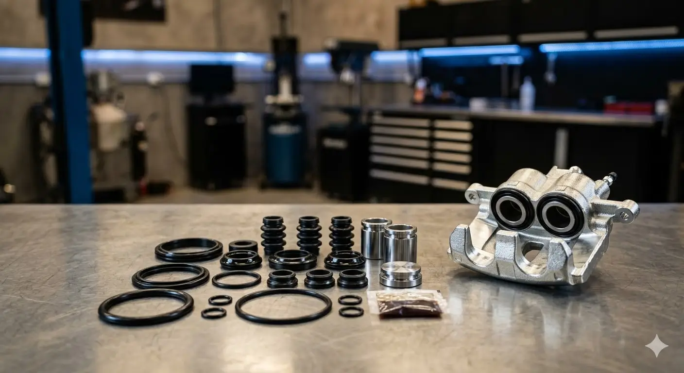 Pinça de freio automotiva desmontada com kit de reparo de borracha nitrílica novo ao lado.