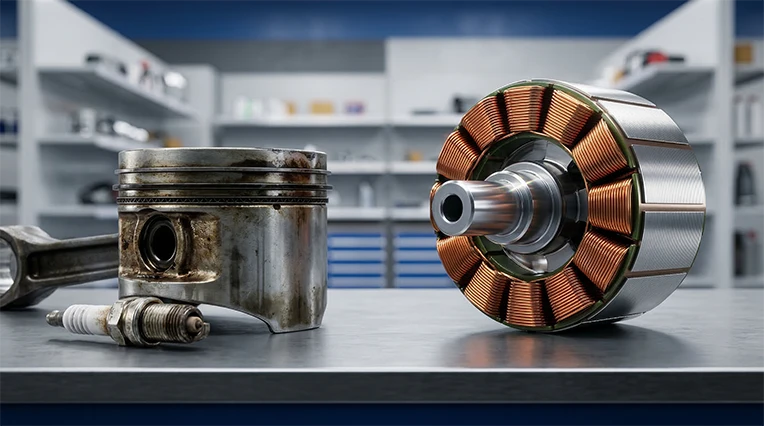 Comparativo visual entre a complexidade do motor a combustão e a simplicidade do motor elétrico