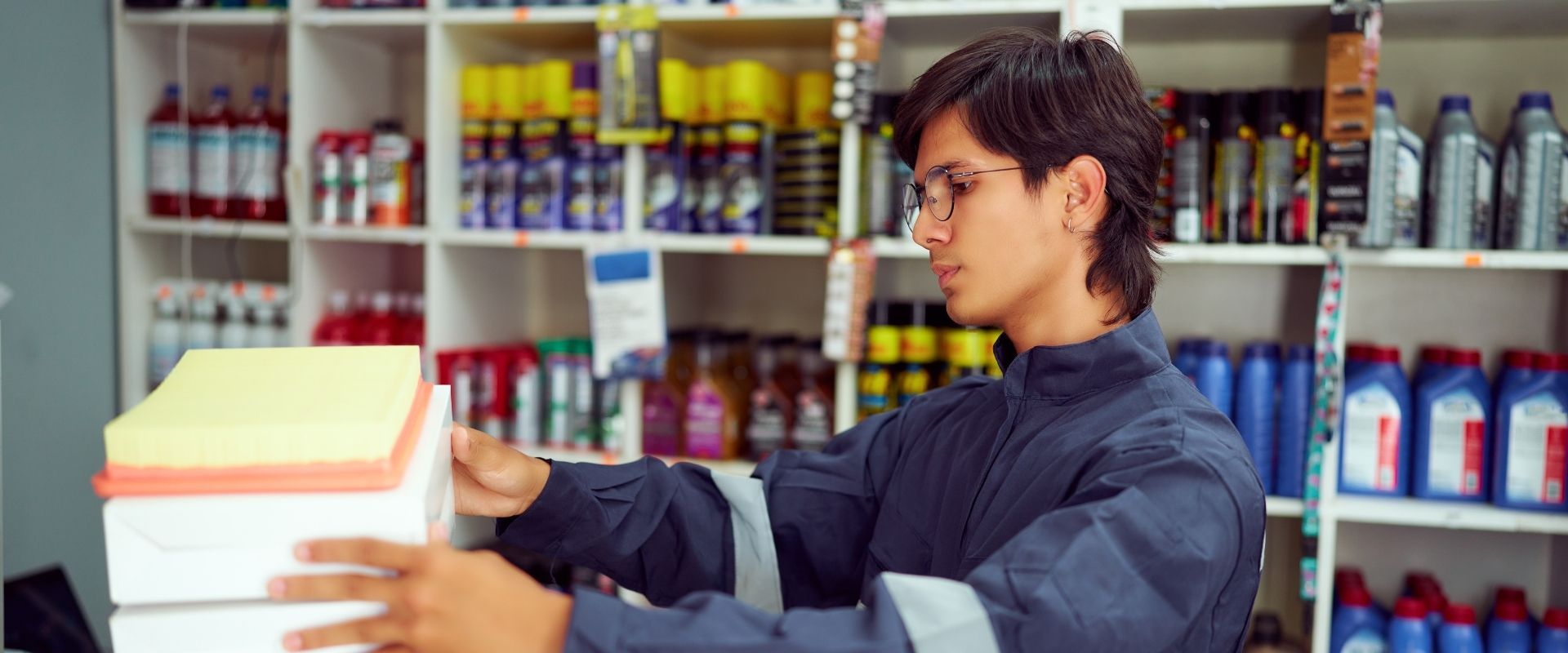 Prateleiras organizadas de armazém de autopeças Fuskão com foco em pequenas peças (miudezas) e logística ágil
