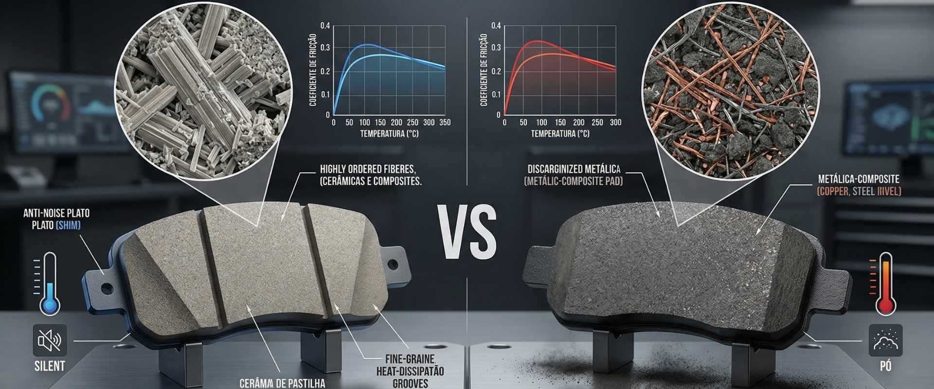 Comparativo entre uma pastilha de freio gasta e uma pastilha nova com tecnologia de absorção de ruído