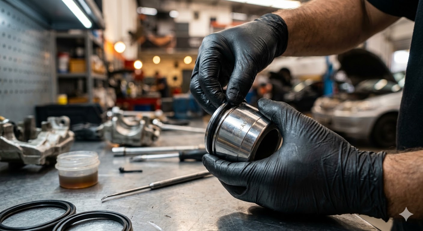 Mecânico aplicando lubrificante específico em guarda-pó de pistão de freio em bancada técnica.