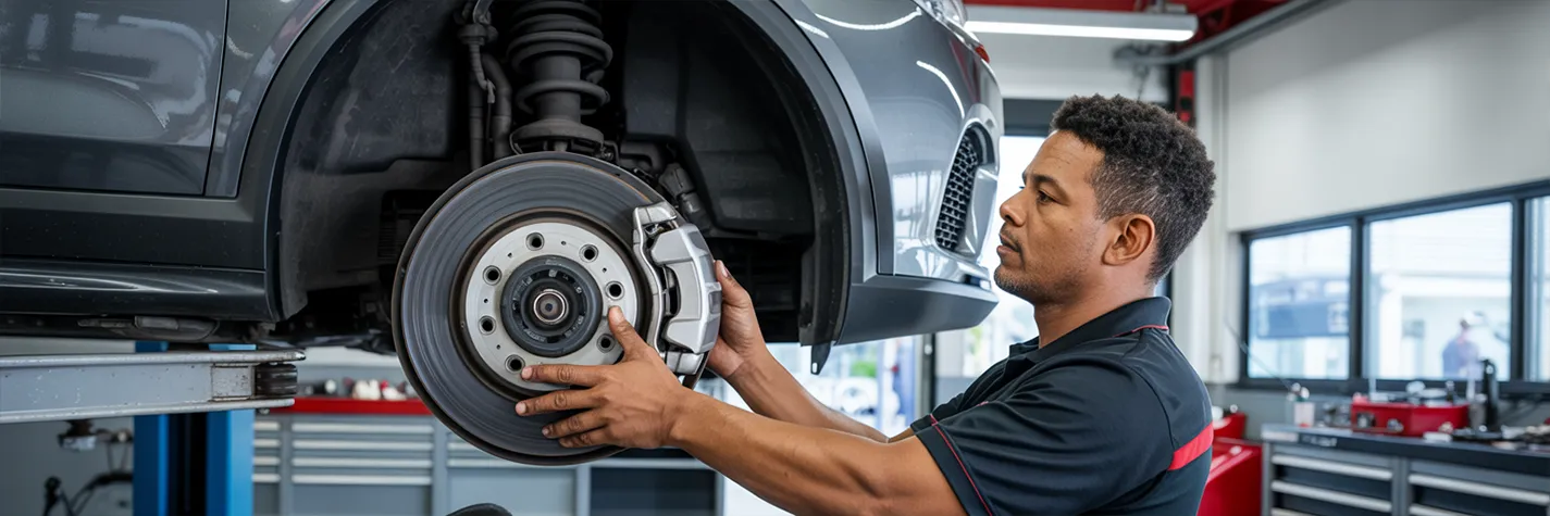 Carro em diagnóstico em oficina automotiva de Maringá com mecânico analisando suspensão