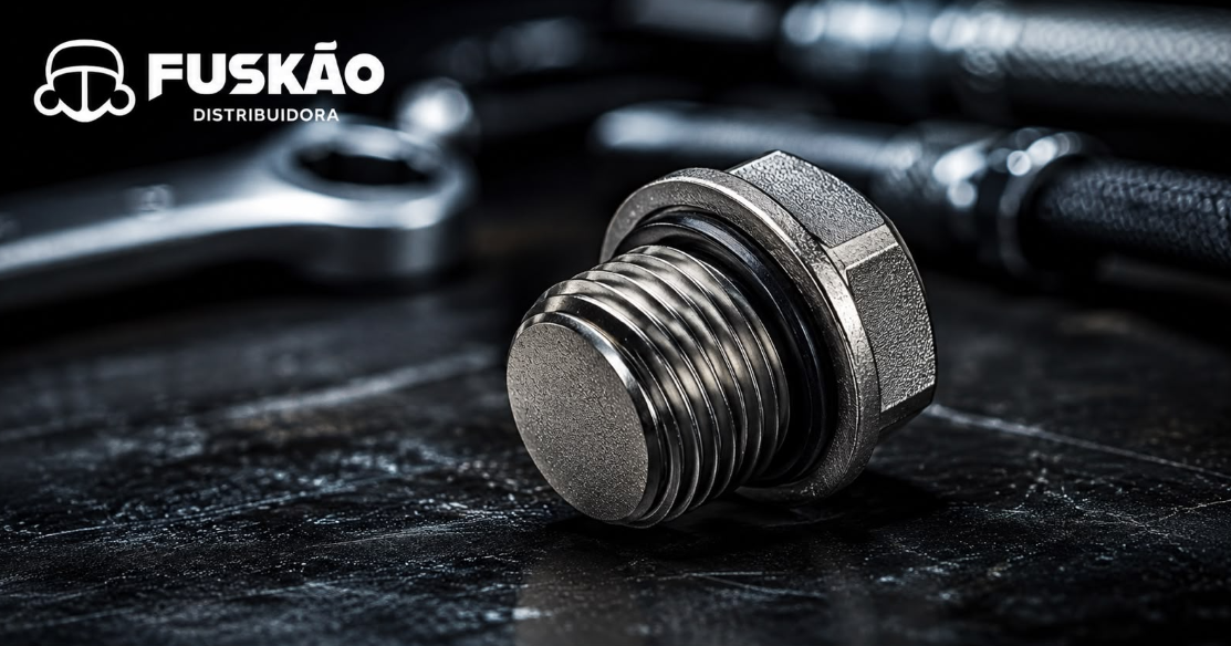 Detalhe de um bujão de cárter automotivo premium com anel vedador fixo da Fuskão Distribuidora.